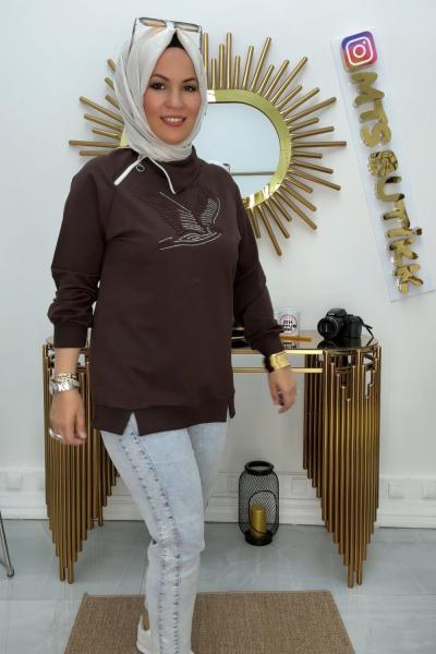Omuz Fermuarlı Kuşlu  Tunik Acı Kahve