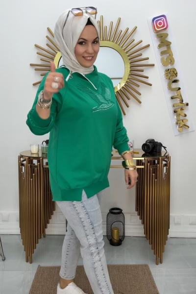 Omuz Fermuarlı Kuşlu  Tunik Yeşil