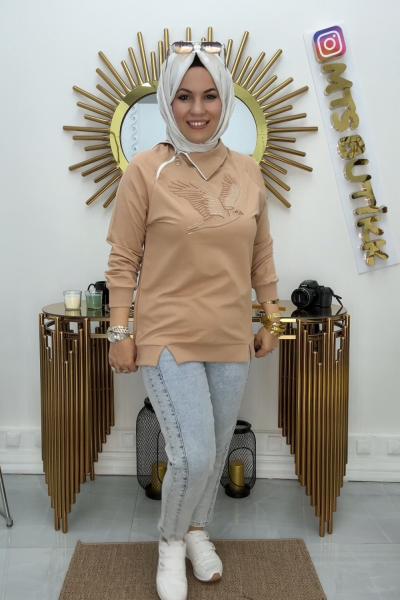 Omuz Fermuarlı Kuşlu  Tunik Camel