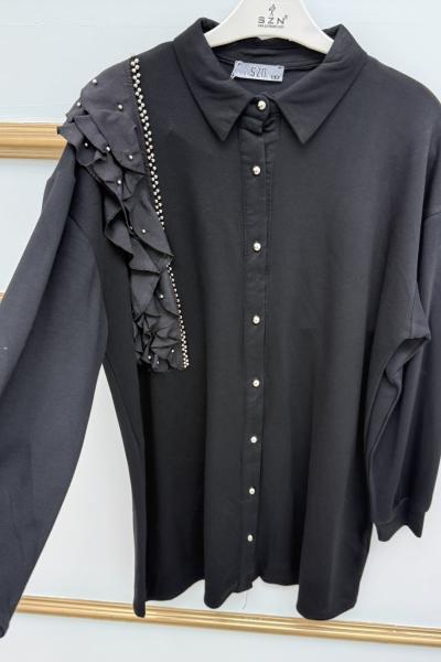 Omuz Fırfırlı İnci Detaylı Gömlek  Siyah