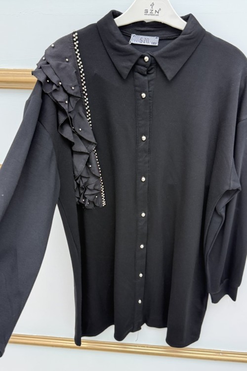 Omuz Fırfırlı İnci Detaylı Gömlek  Siyah