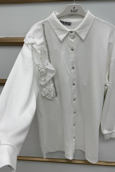 Omuz Fırfırlı İnci Detaylı Gömlek  Beyaz