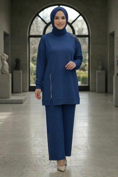 Omuzu Broş Detaylı Takım Mavi