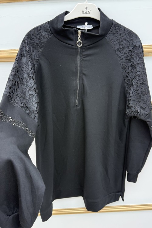 Omuzu Dantelli Kap  Siyah