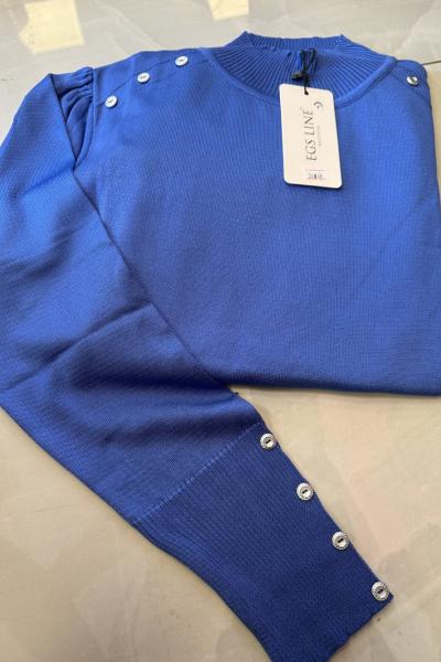 Omuzu Düğmeli Merserize Kazak  Saks Mavisi