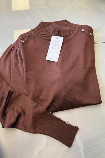 Omuzu Düğmeli Merserize Kazak  Kahverengi