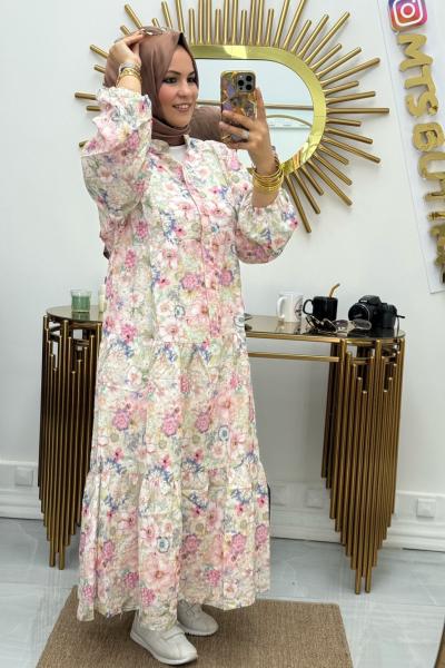 Önü Patlı Desenli Lilyum Elbise  Pembe