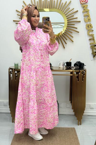 Önü Patlı Desenli Lilyum Elbise  Fuşya