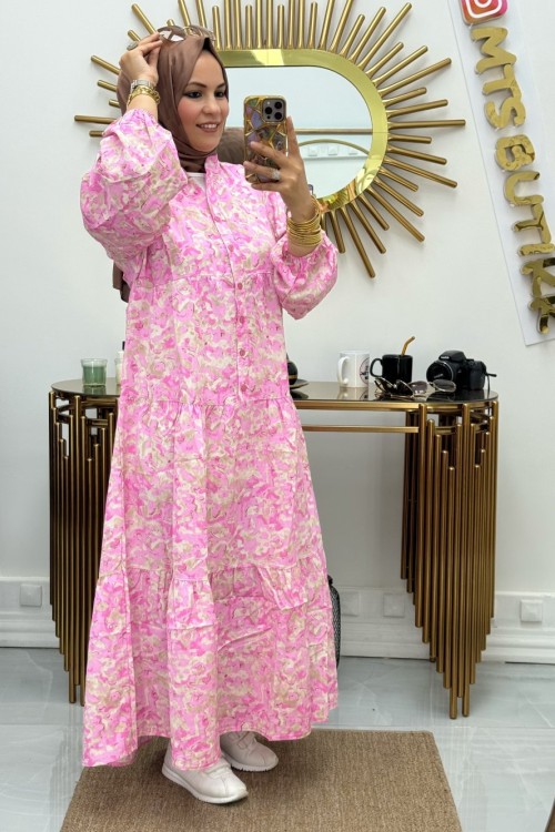 Önü Patlı Desenli Lilyum Elbise  Fuşya