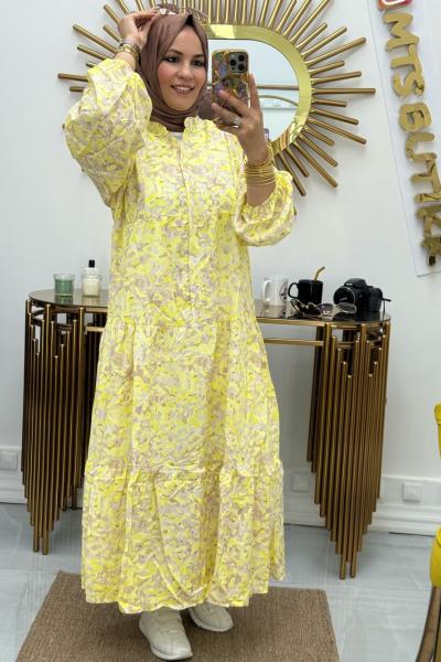 Önü Patlı Desenli Lilyum Elbise  Sarı