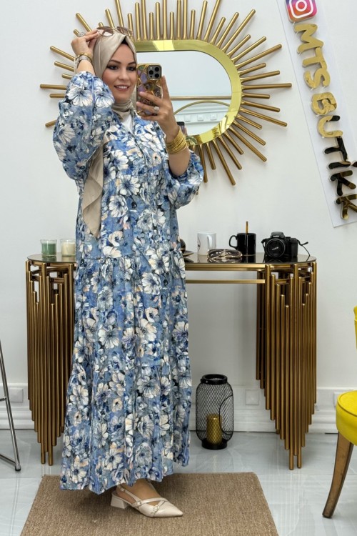 Önü Patlı Desenli Lilyum Elbise  Mavi Ekru
