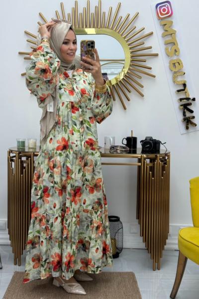 Önü Patlı Desenli Lilyum Elbise  Haki Bej