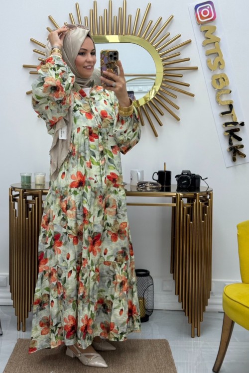 Önü Patlı Desenli Lilyum Elbise  Haki Bej