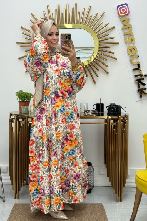 Önü Patlı Desenli Lilyum Elbise  Turuncu