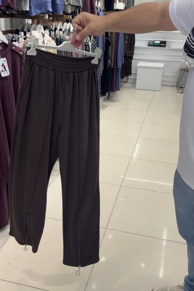 Paçası Fermuarlı Pantolon Oyhso  Kahverengi
