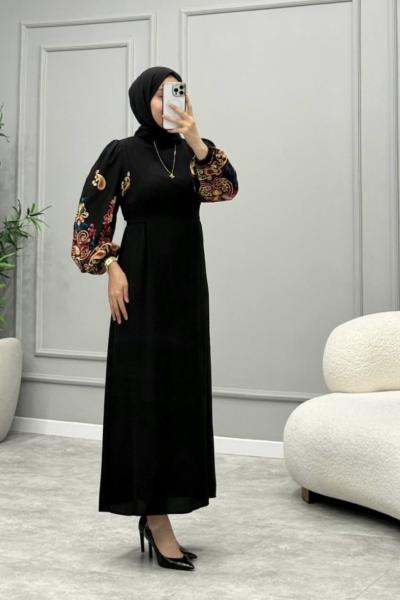 Papatya Desen Elbise  Bordo Siyah