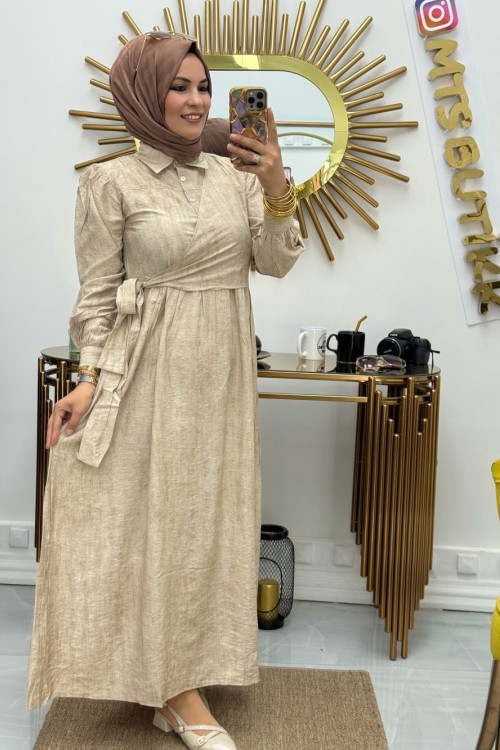 Parçalı Yanı Bağlamalı Elbise Vizon