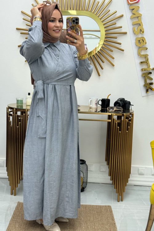 Parçalı Yanı Bağlamalı Elbise Gri