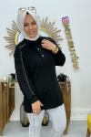 Patlı Kolu Taslı Güpür Tunik  Siyah
