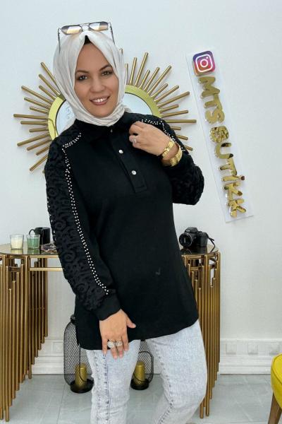 Patlı Kolu Taslı Güpür Tunik  Siyah