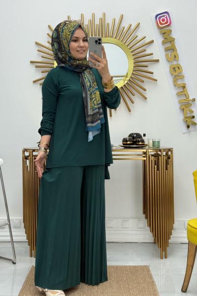 Afilli Pliseli Bol Paça Sandy Takım  Zümrüt