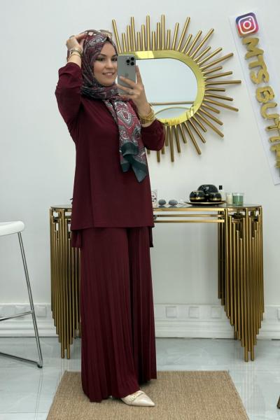 Afilli Pliseli Bol Paça Sandy Takım  Bordo