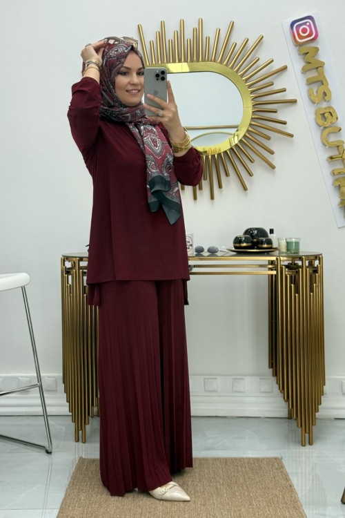 Afilli Pliseli Bol Paça Sandy Takım  Bordo