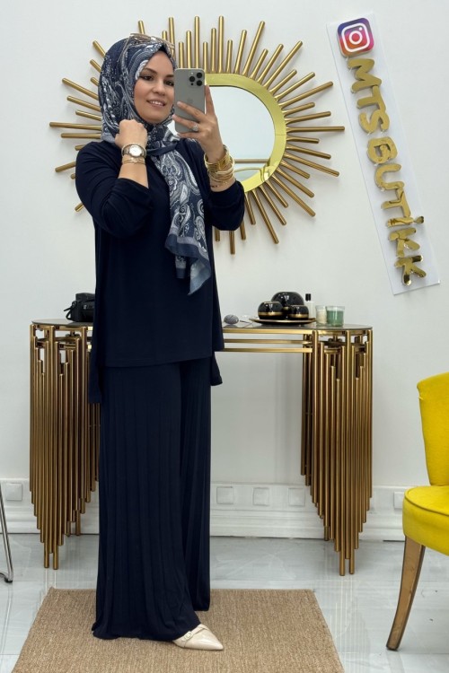 Afilli Pliseli Bol Paça Sandy Takım  Lacivert