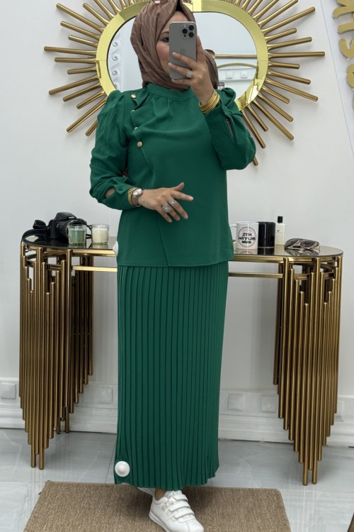 Pliseli Etekli Takım Yeşil