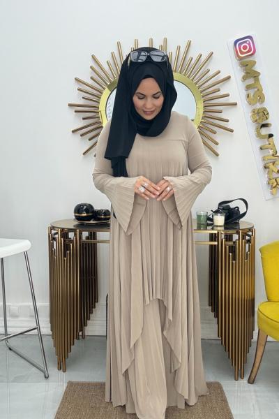 Pliseli Tam Boy Etek Görünümlü Takım  Taş Rengi