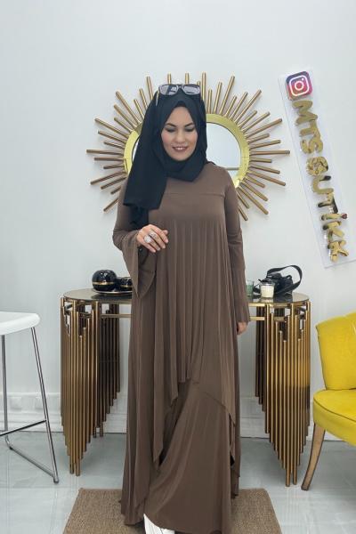 Pliseli Tam Boy Etek Görünümlü Takım  Kahverengi