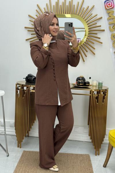 Polen Düğmeli Takım  Kahverengi