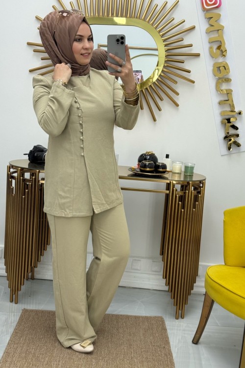 Polen Düğmeli Takım  Su Yeşili