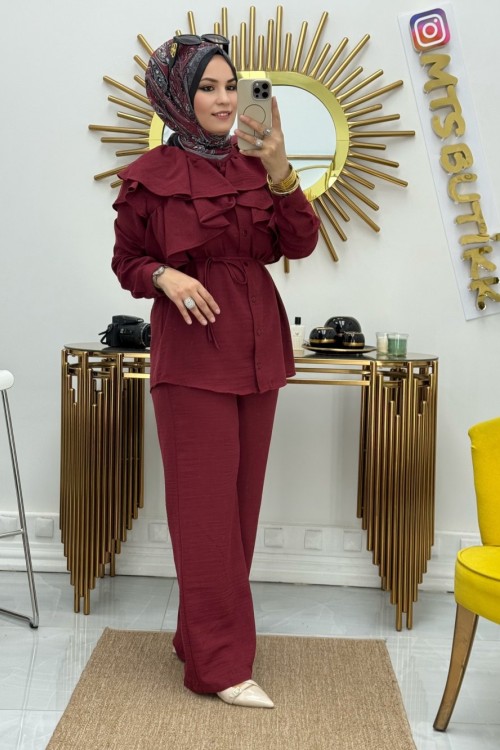 Polen Omuz Fırfırlı Takım Bordo