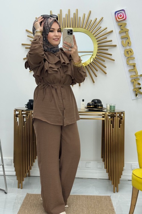 Polen Omuz Fırfırlı Takım Kahverengi