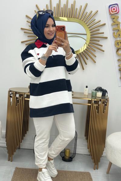 Polo Yaka Kalın Çizgili  Lacivert