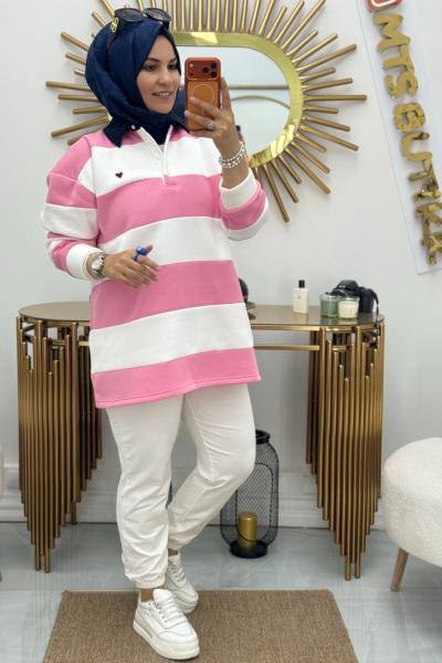 Polo Yaka Kalın Çizgili  Pembe