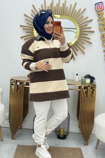 Polo Yaka Kalın Çizgili  Kahverengi