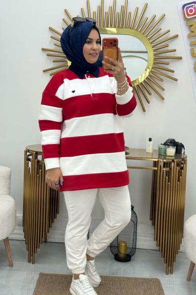 Polo Yaka Kalın Çizgili  Kırmızı