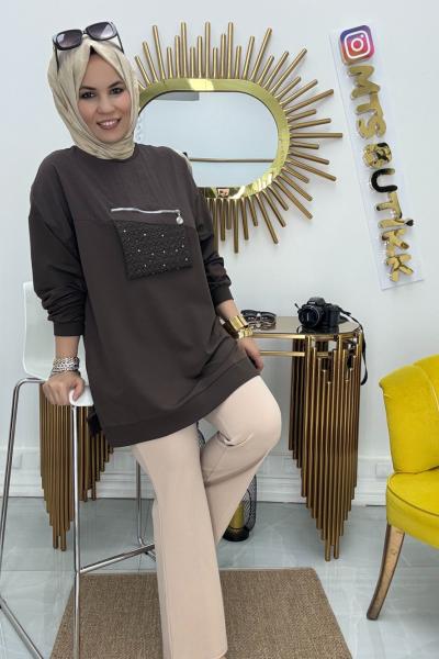 PUANNE CEPLİ TUNİK  Kahverengi