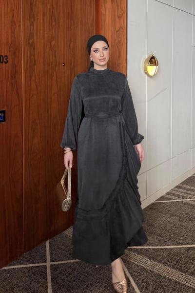 Qashe Fırfır Detaylı Elbise  Füme