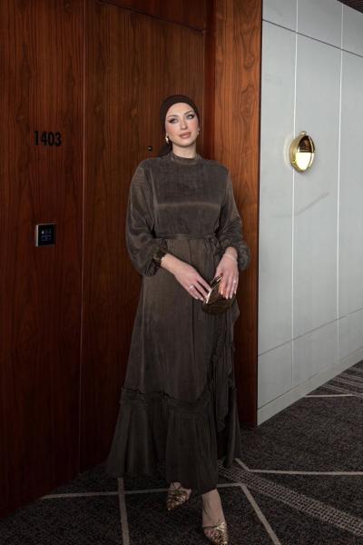 Qashe Fırfır Detaylı Elbise  Kahverengi