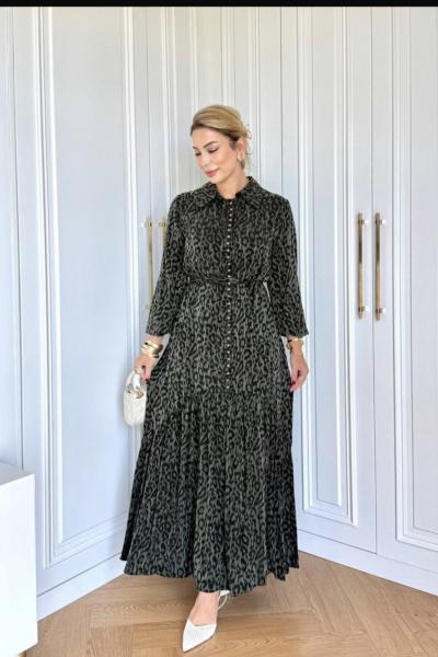 Qashe Kobra İpek Elbise  Haki