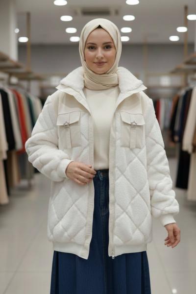 Ribanalı Pelüş Mont Astarlı  Ekru