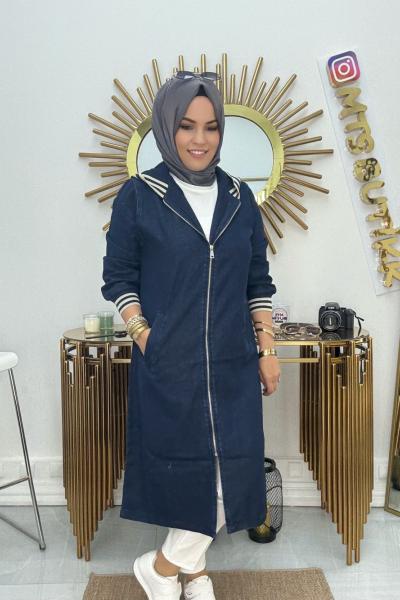 Ribanalı Ara Boy Kot Ceket  Lacivert