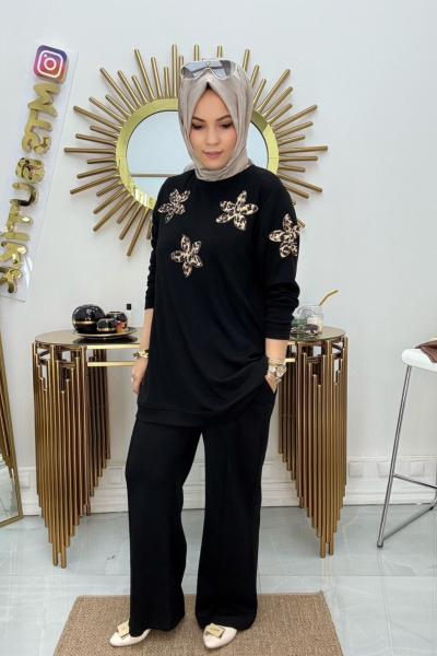 Ruk Fashion Yıldız Takım Kot Garnili Siyah Kahverengi