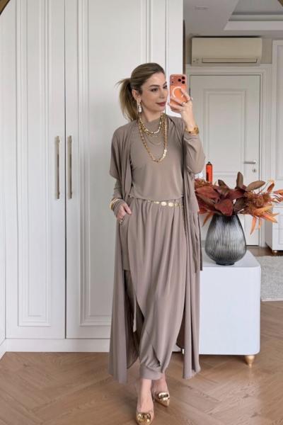 Şalvar Yelekli Takım  Bej