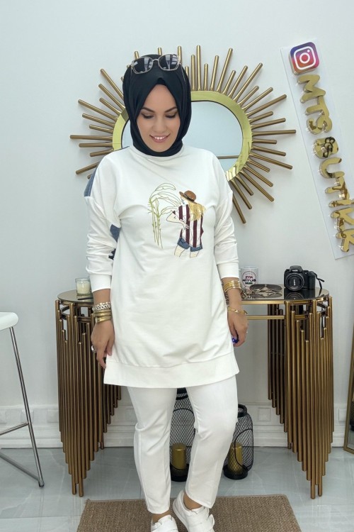 Şapkalı Kız Tunik Beyaz