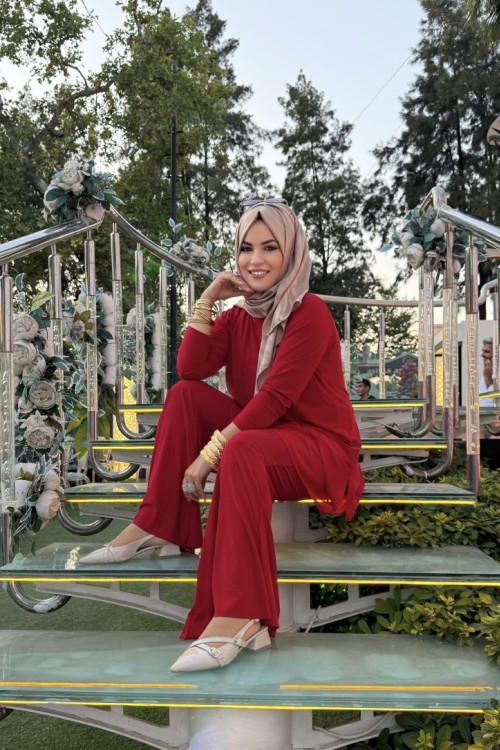 Şifon Detaylı İspanyol Takım  Kırmızı