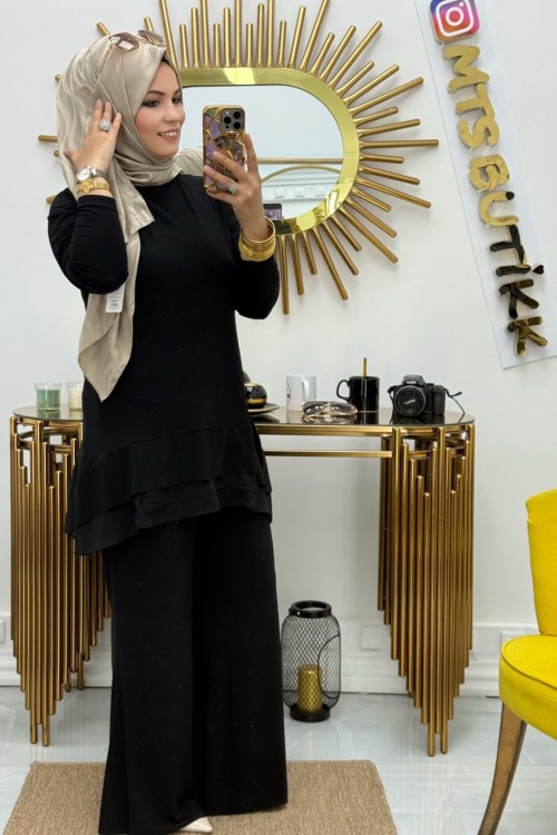 Şifon Detaylı İspanyol Takım  Siyah